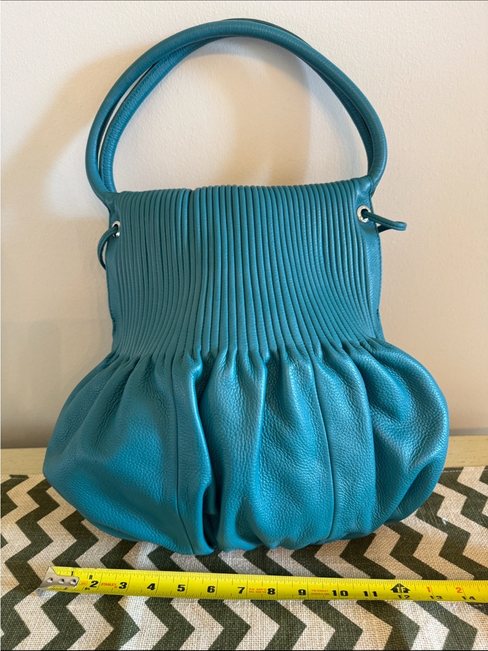 Teal Pleated Shoulder Bag - Soft Gathered Leather Handbag - Picture 3 of 3